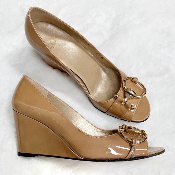 Stuart Weitzman Leather Horsebit Patent Wedge Heel